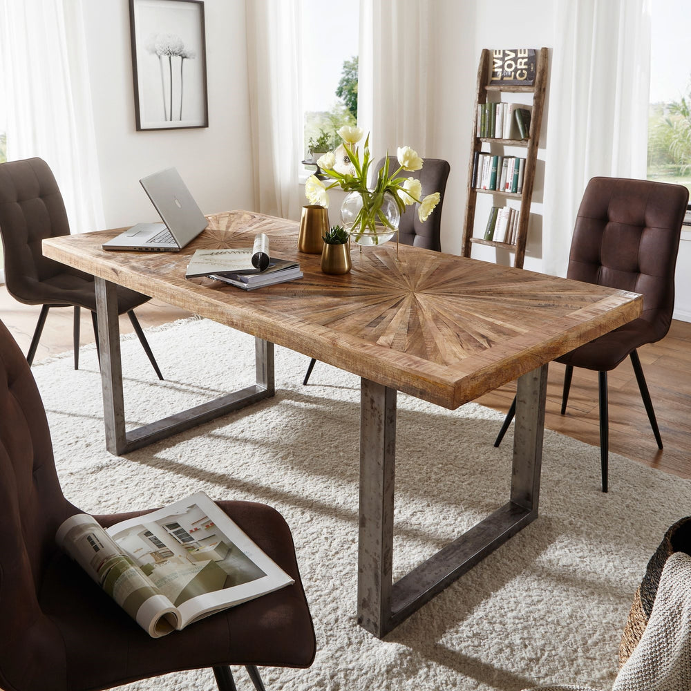 Solid Wood And Iron Dining Table With Many Strips On The Top