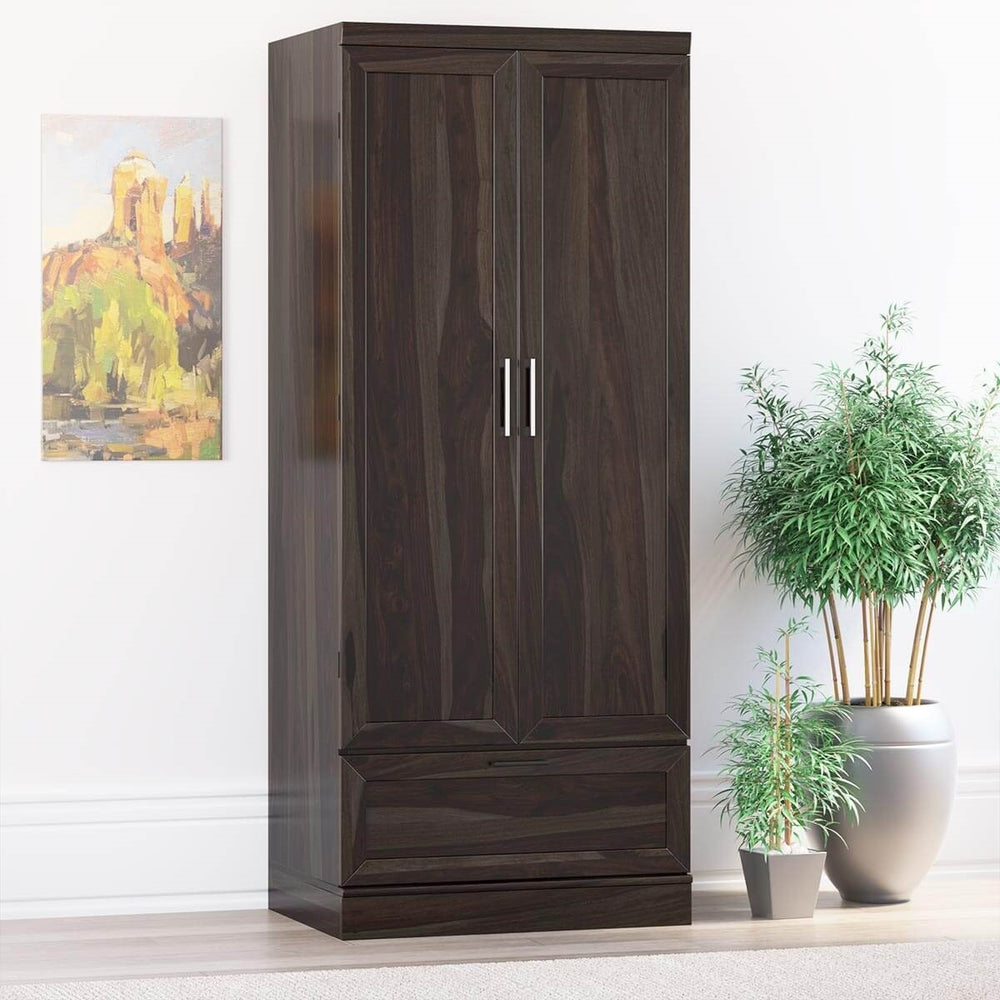 Dyson Solid Sheesham Wood 2 Door 1 Drawer Wardrobe In Light Walnut Finish