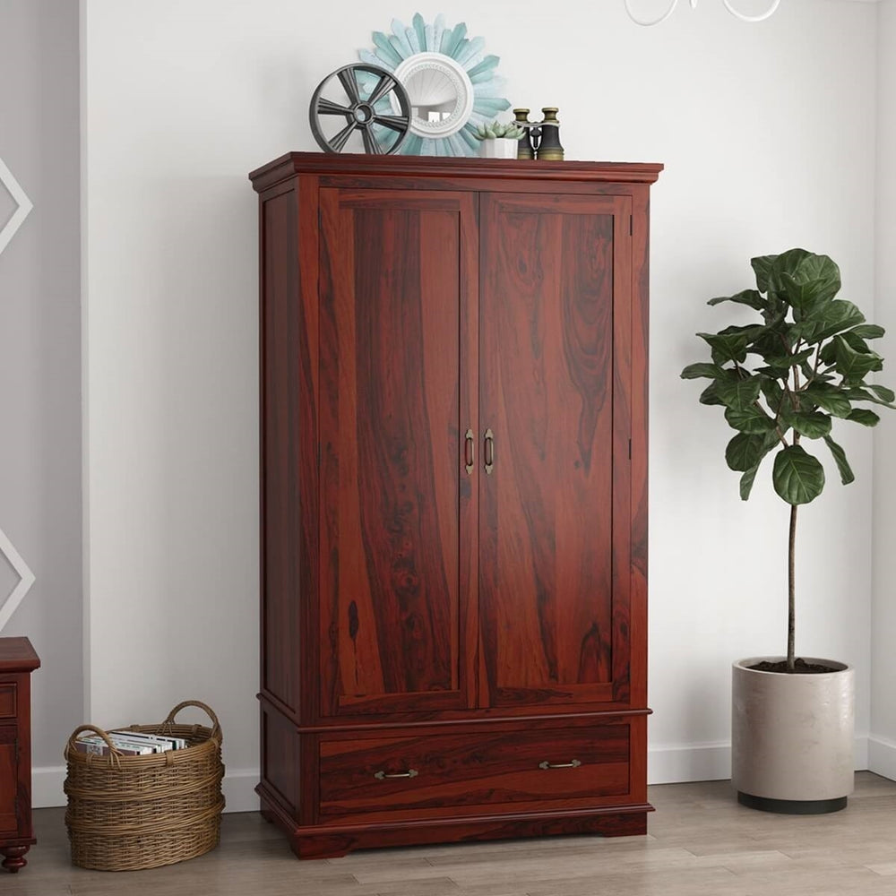 Dyson Solid Sheesham Wood 2 Door 1 Drawer Wardrobe In Mahogany Finish