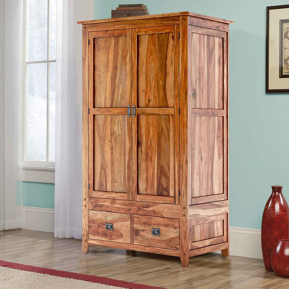 Alaca Solid Sheesham Wood 2 Door 2 Drawer Wardrobe In Light Honey Finish