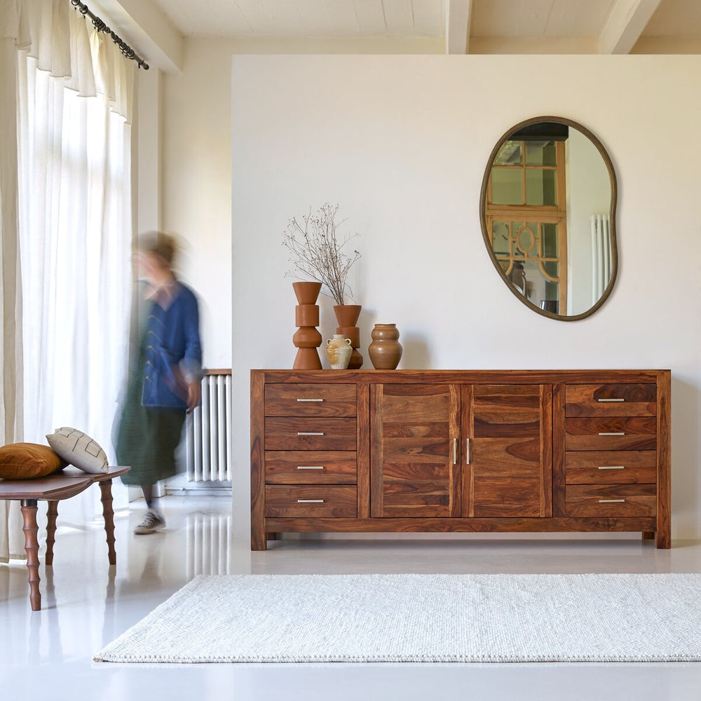 Rossen Solid Sheesham Wood Sideboard with 2 Door 8 Drawer in Provincial Teak Finish