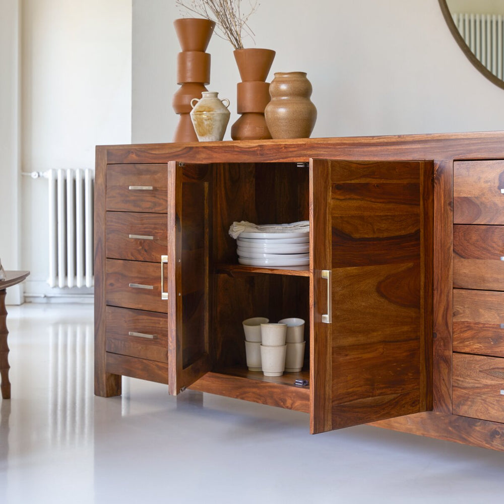 Rossen Solid Sheesham Wood Sideboard with 2 Door 8 Drawer in Provincial Teak Finish