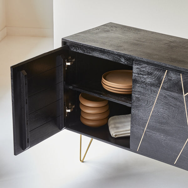 Calico Solid Mango Wood Sideboard with 3 Door in Rustc Black Finish