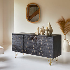 Calico Solid Mango Wood Sideboard with 3 Door in Rustc Black Finish