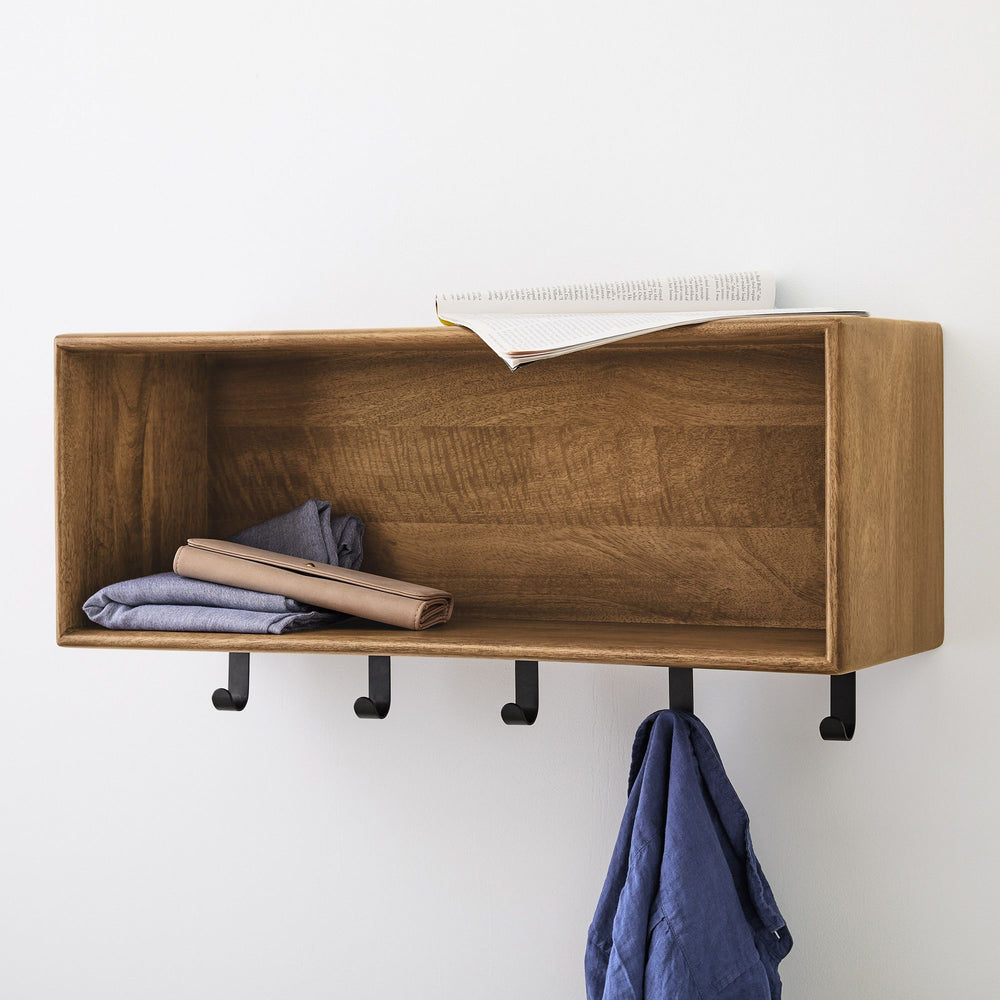 Solid Mango Wood Reggie Wall shelf with stoage & hook in Provincial Teak Finish