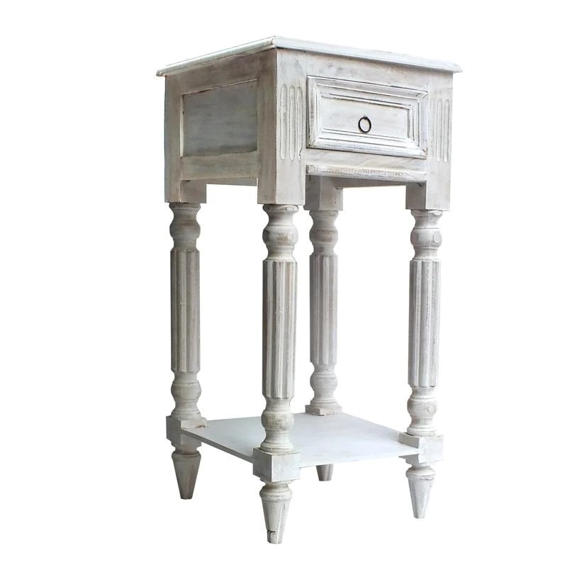 Spacious Mango Wood Side Table with Metal Ring Handle in Washed White ...