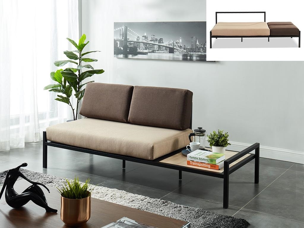 2 seater fabric sofa bed with integrated coffee table Beige and gray