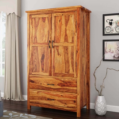 Picture of Parker Solid Sheesham Wood 2 Door 2 Drawer Wardrobe In Light Honey Finish