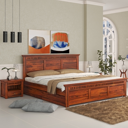 Picture of Madhvi Solid Wood King Size Drawer Storage Bed In Honey Oak Finish