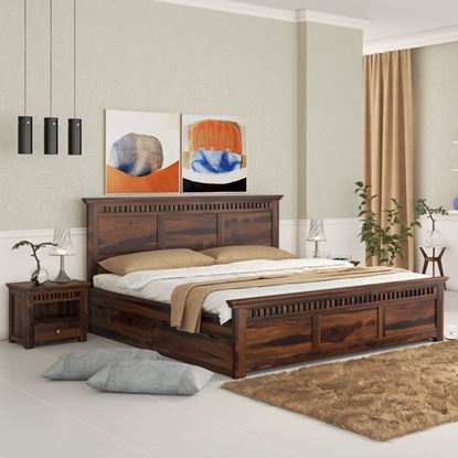 Picture of Madhvi Solid Wood King Size Drawer Storage Bed In Provincial Teak Finish