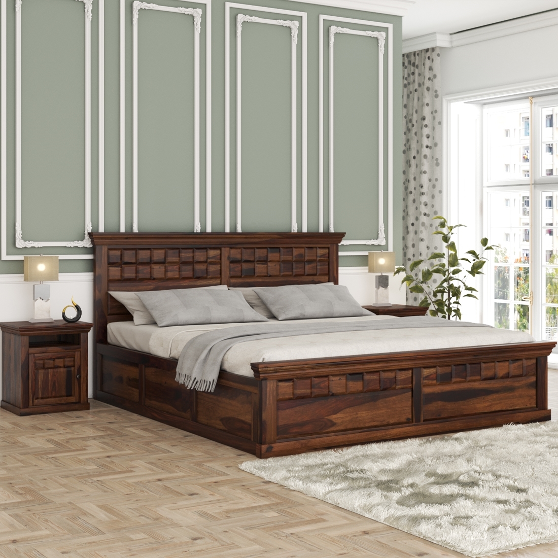 Prashiv Solid Wood King Size Drawer Storage Bed In Provincial Teak ...