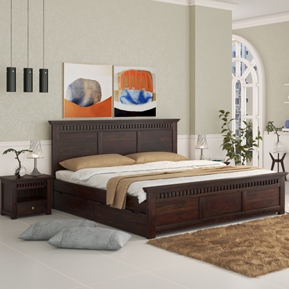 Picture of Madhvi Solid Wood Queen Size Drawer Storage Bed In Dark Walnut Finish