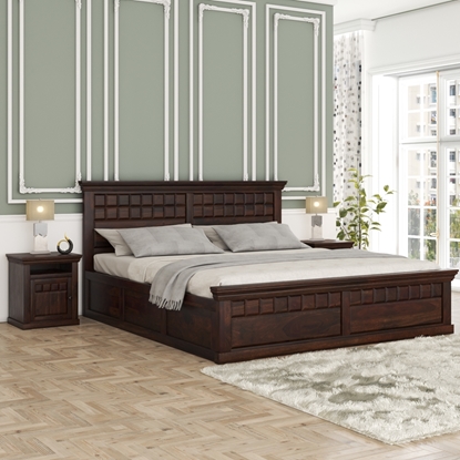 Picture of Prashiv Solid Wood Queen Size Box Storage Bed In Dark Walnut Finish